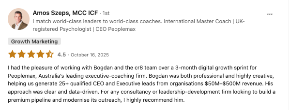 Amos Szeps's 4.5-star public review of CR8 on LinkedIn