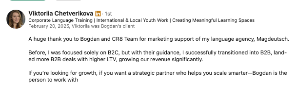 Viktoriia Chetverikova's public review of CR8 on LinkedIn