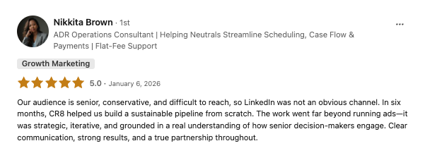 Nikkita Brown's 5-star public review of CR8 on LinkedIn
