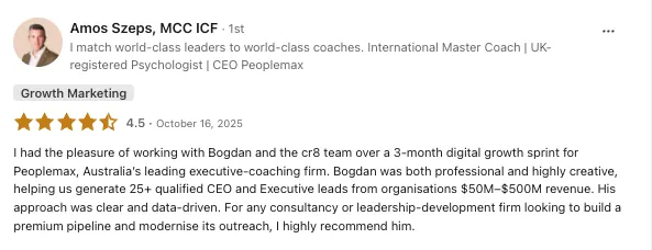 Amos Szeps's 4.5-star public review of CR8 on LinkedIn