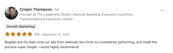 Crispin Thompson's 5-star public review of CR8 on LinkedIn