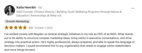 Katia Henrikh's 5-star public review of CR8 on LinkedIn