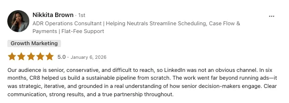 Nikkita Brown's 5-star public review of CR8 on LinkedIn