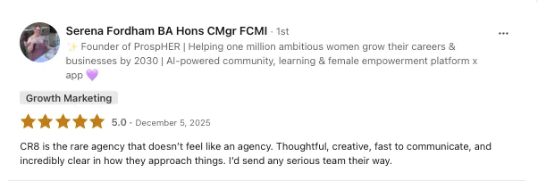 Serena Fordham's 5-star public review of CR8 on LinkedIn