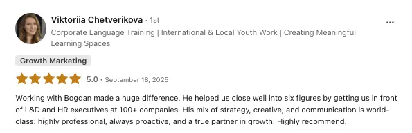 Viktoriia Chetverikova's 5-star public review of CR8 on LinkedIn
